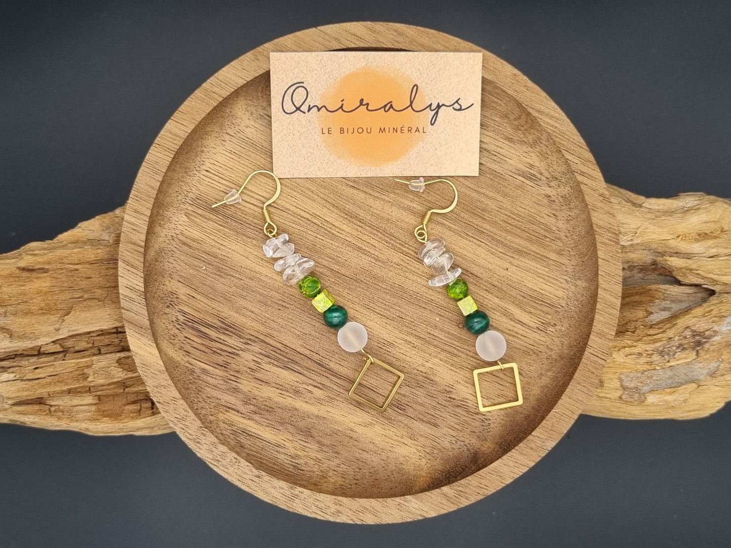 Boucles d'oreilles en acier inoxydable avec Malachite, Jaspe Impérial et Cristal de Roche, création artisanale unique faite main en France