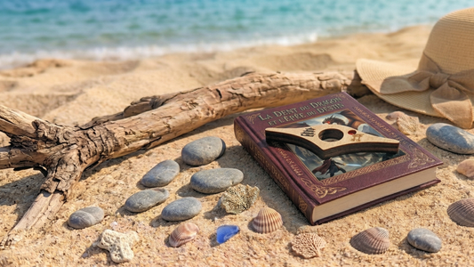 Bague de lecture Omiralys en bois épais (9mm) posée sur un livre de poche, ambiance plage et farniente.