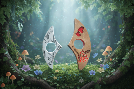 "Bagues de lecture artisanales Omiralys en bois sculpté et minéral, posées sur des livres anciens dans une forêt mystérieuse et brumeuse, lumière féerique.