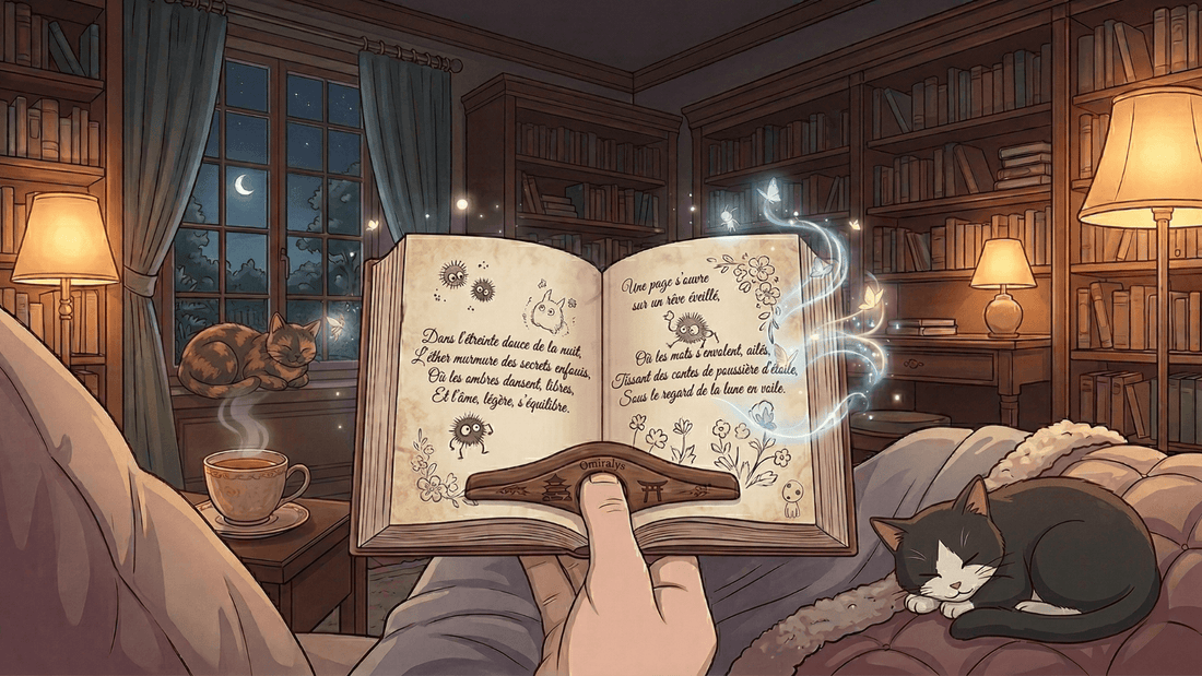 Main tenant un livre avec une bague de lecture Omiralys en bois avec chat et papillons magiques.
