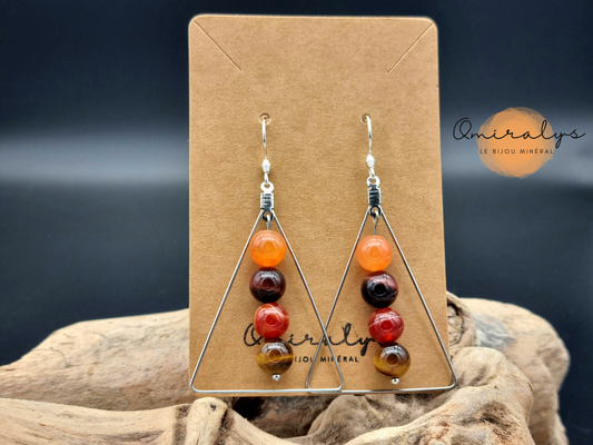 Boucles d'oreilles Agate de feu, œil de taureau, agate de Botswana et œil du tigre exposées sur une carte présentoir en carton.