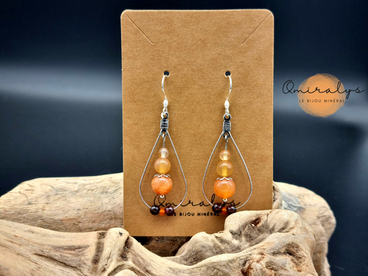 Boucles d'oreilles agate de feu, cornaline et grenat exposées sur une carte présentoir en carton.