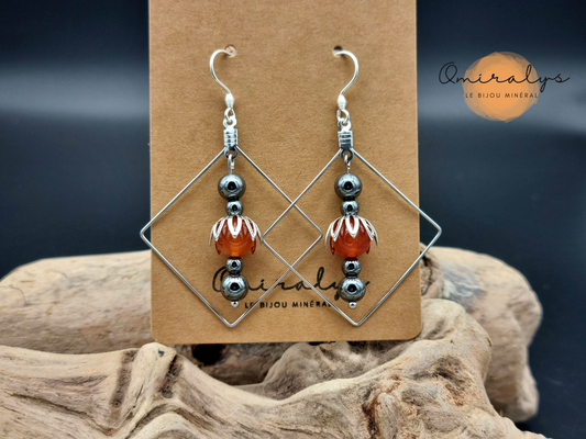 Boucles d'oreilles agate de feu et hématite exposées sur une carte présentoir en carton.