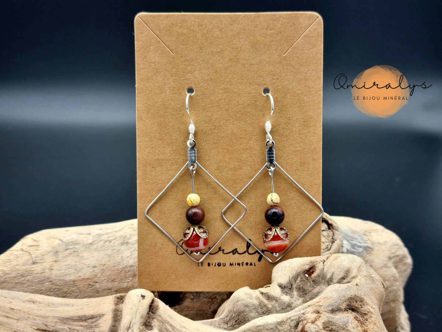 Boucles d'oreilles agate du Botswana, œil de taureau et jaspe impérial exposées sur une carte présentoir en carton.