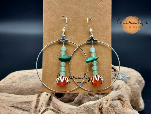 Boucles d'oreilles agate feu, aventurine et malachite exposées sur une carte présentoir en carton.