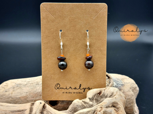 Boucles d'oreilles bronzite et œil de taureau  exposées sur une carte présentoir en carton.