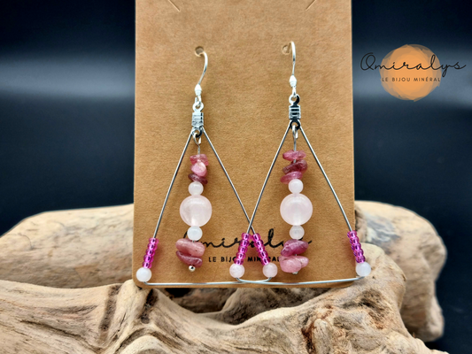 Boucles d'oreilles quartz rose et tourmaline rose exposées sur une carte présentoir en carton. 