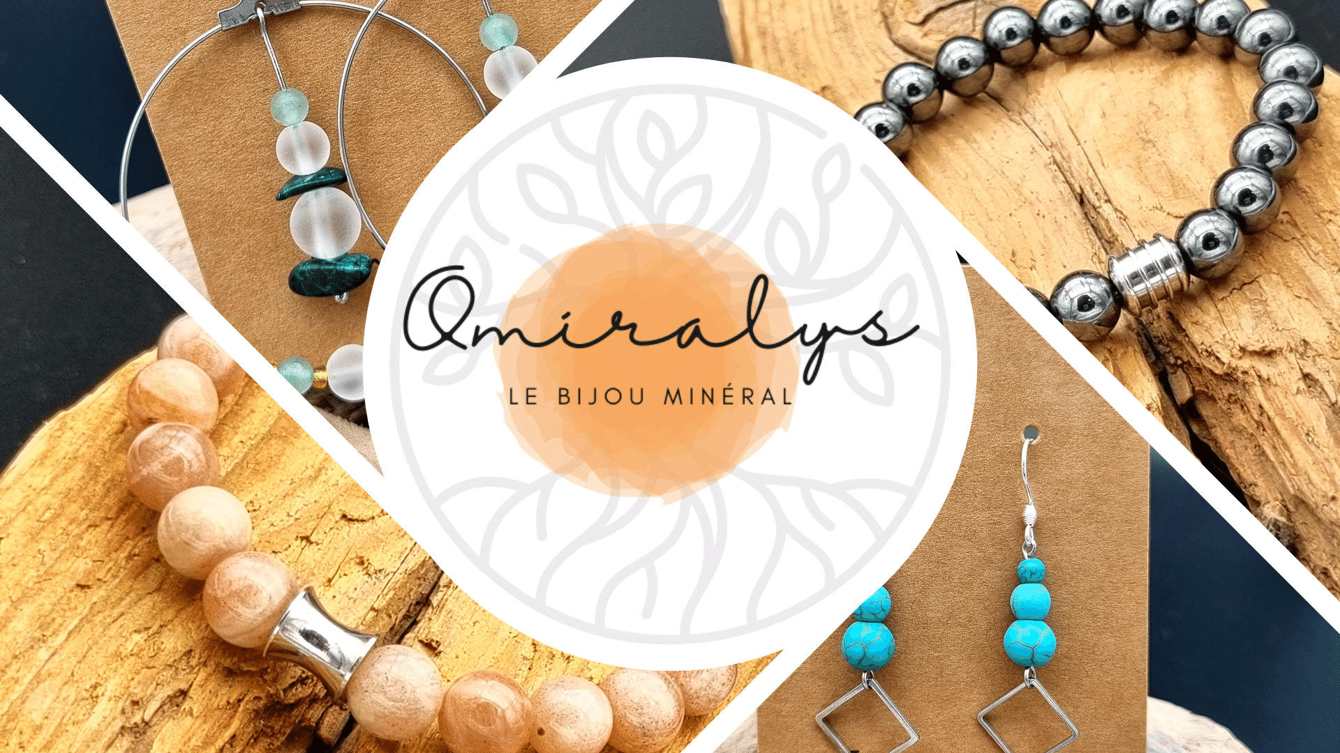 Quatre images de bracelets et de boucles d'oreilles avec le logo Omiralys au centre